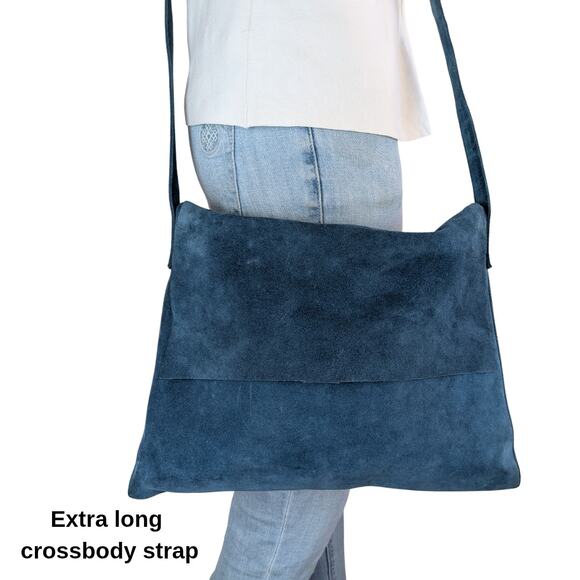 Pulicati Italian Suede Crossbody Bag Blue Slouchy Minimalist Purse Unconstructed - Picture 2 of 11